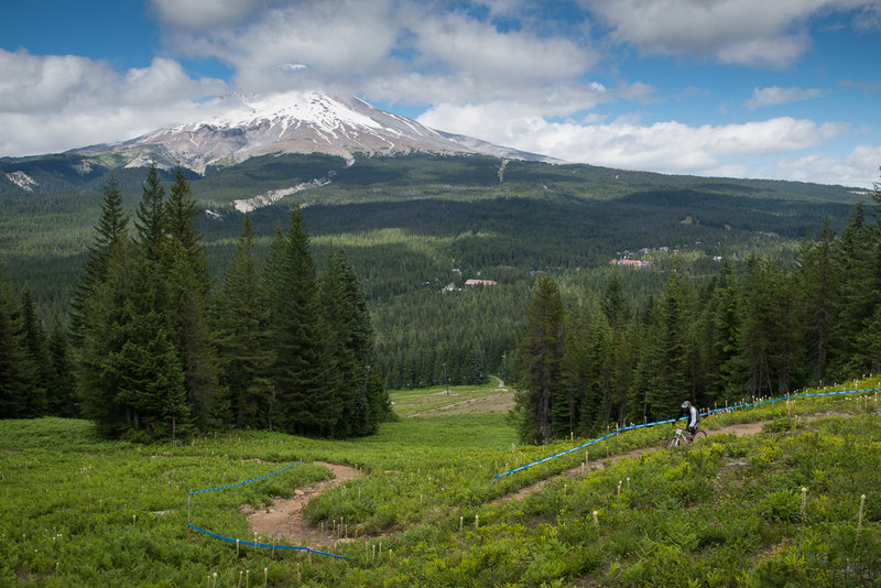 Riding on Fire Hydrant trail with Mt. Hood as a backdrop.