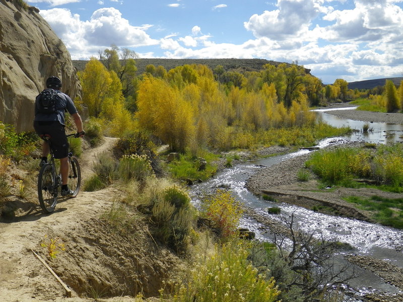 Technical section at cliffs edge above Bear River.