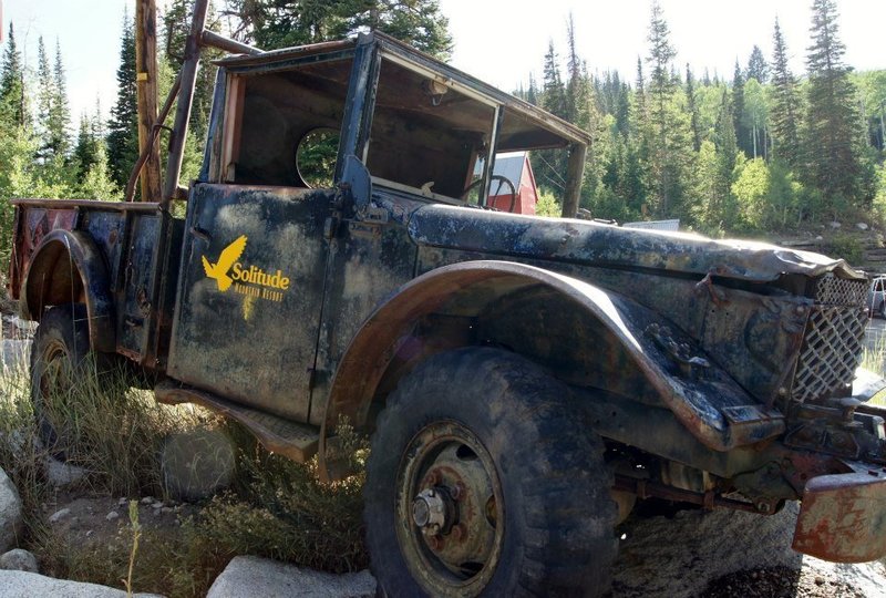 The old Solitude Jeep sitting by the mechanics shop.