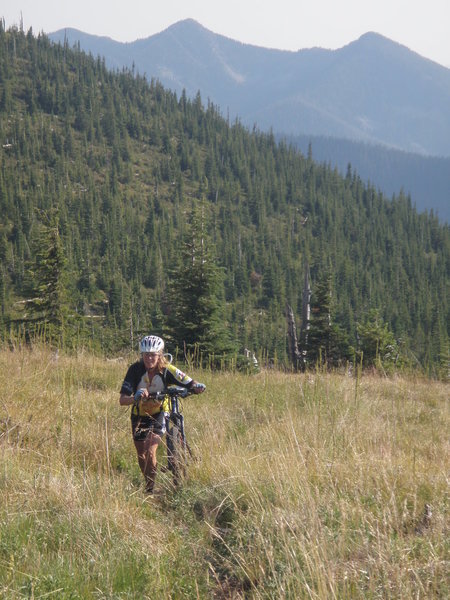 Some hike-a-bike is inevitable on this trail! That's Line Point (left) and Goat Mountain (right) in the background, the destination!