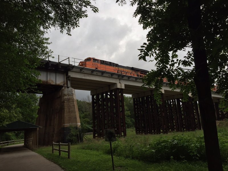 Interesting view of the trains that pass over the trail