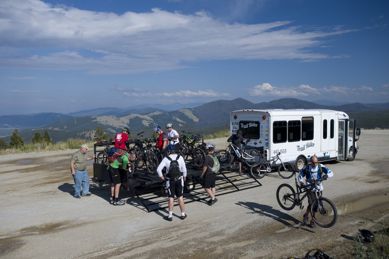 The Helena Trolly drops riders off for glorious shuttle laps of rides like Mt. Helena Ridge! Photo Credit: Bob Allen Images