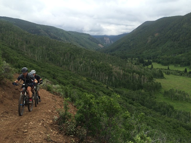 Riding up Hummingbird, Hunter Creek Trail down in the grassy meadow below.  Thimble Rock in the distance.