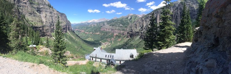 View of the Telluride Box canyon with the Power Plant above Bridal Veil Falls in the Foreground.