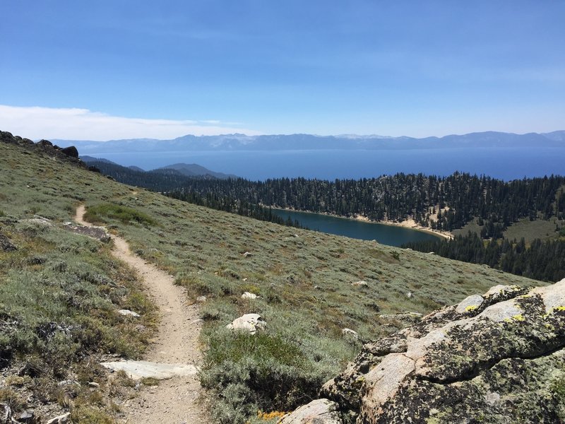 Singletrack overlooking Marlene Lake and Lake Tahoe