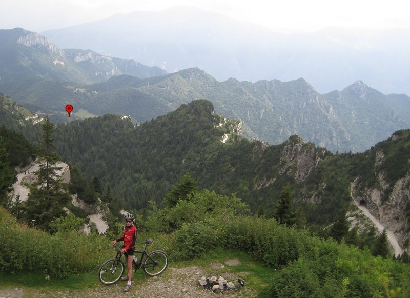 View from Tremalzo tunnel nr.1 upward to the south: You can see the gravel road first on the left side, then tunnel nr.2 on the right side. There are some more visible parts of the gravel road in the center and then on the left side of photo. The end at Passo Nota is marked.