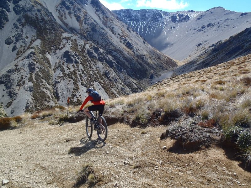 Topping Fowler Pass and starting the descent down the zig-zags into Smyths Stream.