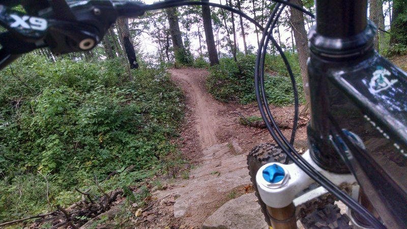 Hard packed rock descent into a fast singletrack on the Red Loop