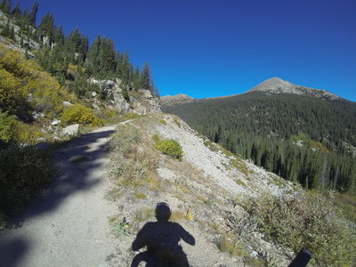 Riding along the railroad grade.