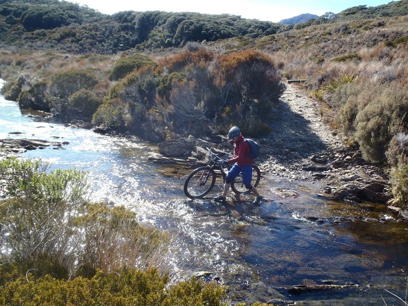 Crossing the headwaters of Big River, Gouland Downs. Much faster than the swingbridge if the river is low.