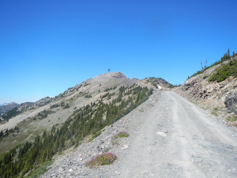 Slate Peak in the distance, with its old military observation tower (no legal access). Note the steep pitch of the final climb, which you can see in the distance.