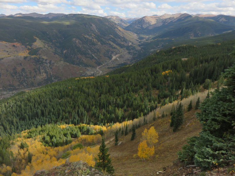 A view worth stopping for! Kristi's ski run, Highway 82, and Independence Pass in the distance.