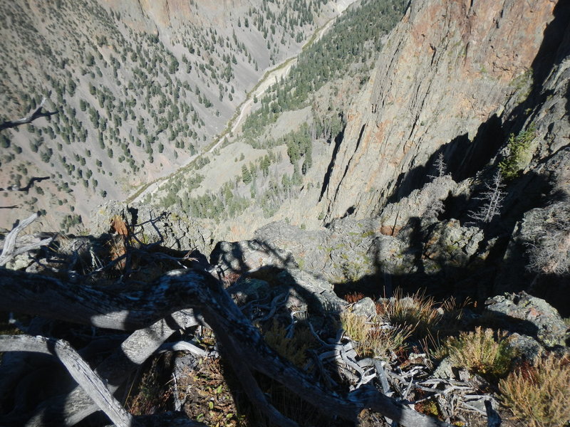 Atop Inspiration Point (11042'), looking straight down almost half a mile to the dirt road in the valley north of Creede. The views from Inspiration Point are... Fantastic.