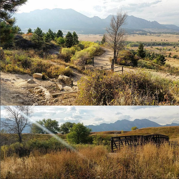 Small technical section on an otherwise fast trail. Beautiful views of the front range from the Dirty Bismarck.