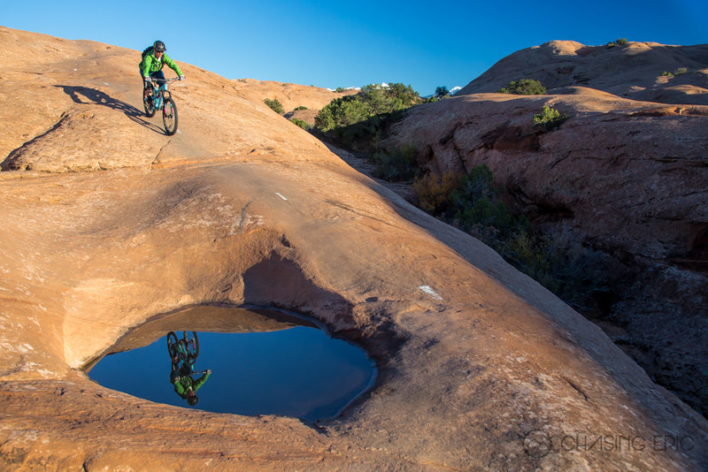 Accidental reflection in the puddle at sunset on Slickrock in Moab, UT.