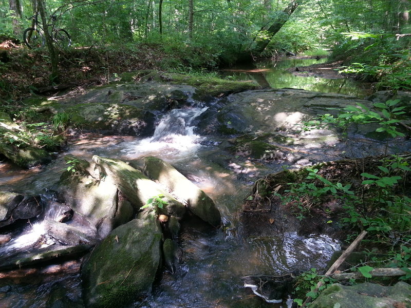 Peaceful waterfall near the intersection of two creeks on the Blue Loop. This makes an ideal picnic spot!