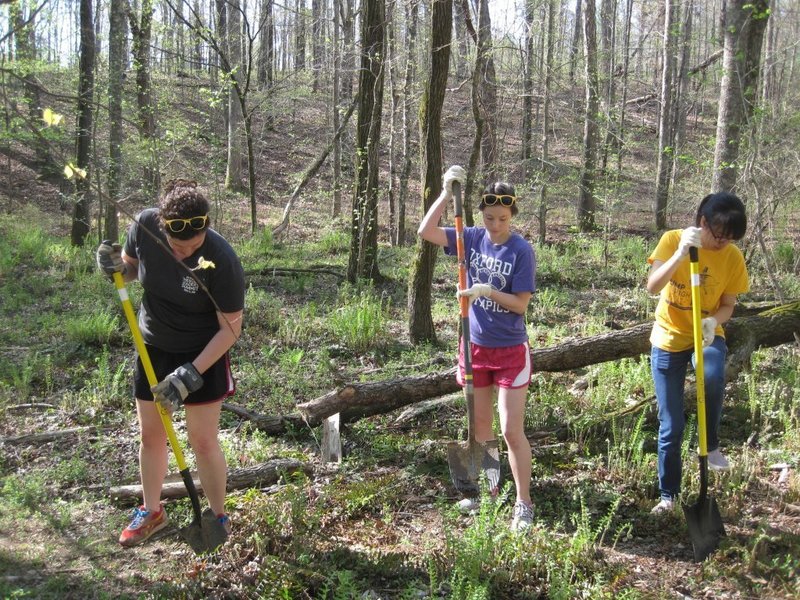 A volunteer trail work party helps to construct the Green Loop. Where would we be without them?!  Thanks to these future Doctors from Emory/Oxford college.