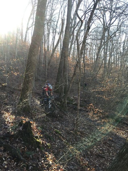 A rider navigating the descent to the Pioneer Shelter on the Adventure Hiking Trail.