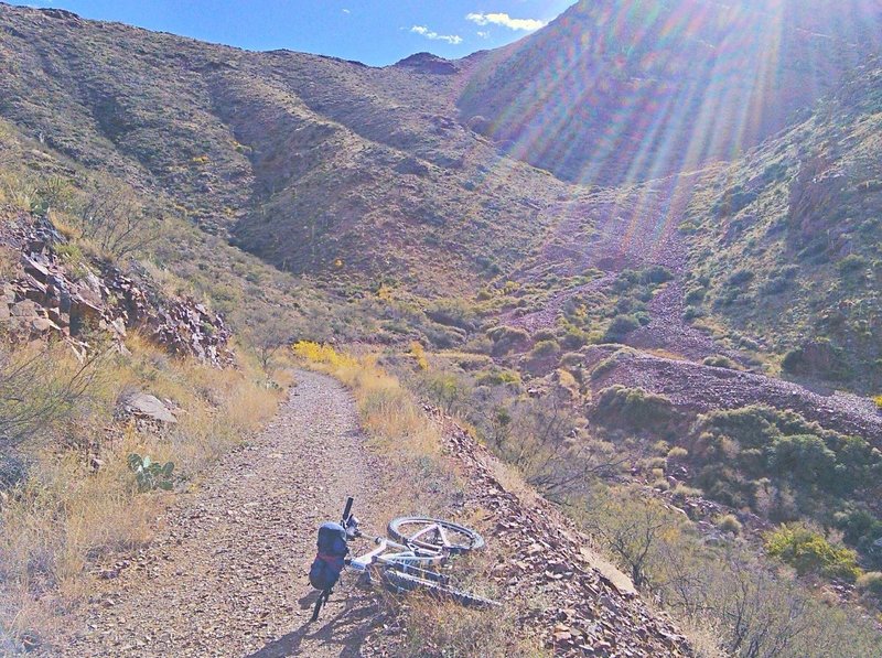 Looking down towards the scree field in the valley. Most of the trail is like this: old doubletrack that is steep and gravelly.