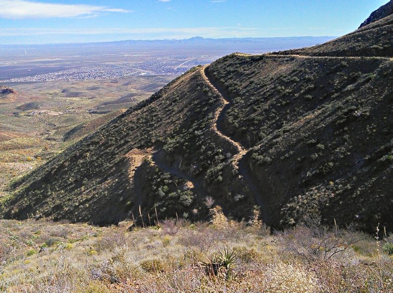 Looking down to switchbacks on Mundy's Gap East.