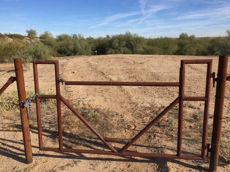 Pass through a gate and then some brush to continue on the Maricopa Trail.