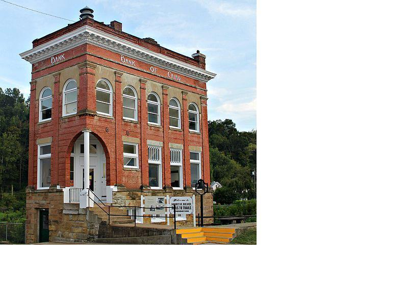 The Historic Cairo Bank is visible along the North Bend Rail Trail in Cairo, WV.
