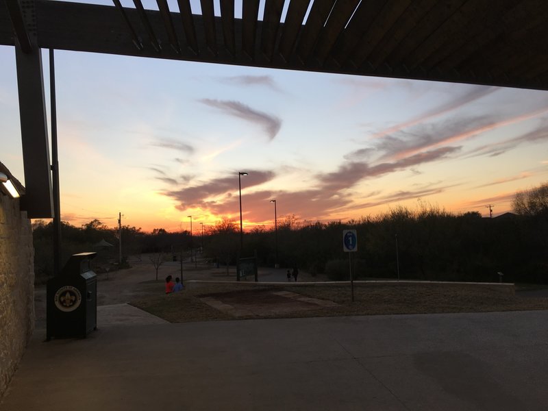 Trail entrance and a beautiful sunset.