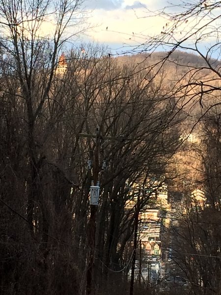 The view of the Pagoda from Neversink Mt and the end of the Gravity Trail.