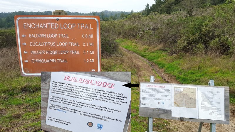 Enchanted Loop junction with close-up of trail work sign.