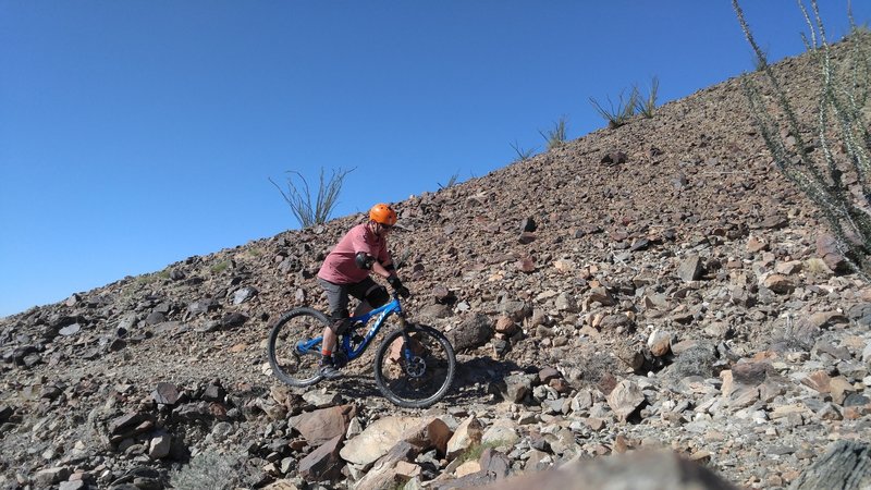 I found this section of trail where Ryan is unclear, interspersed with mining roads, washed out areas and places where heavy equipment seems to have been used, making the trail hard to find. Not sure if it is new or old section of Ryan. It is north of the wash where Ryan is mapped.