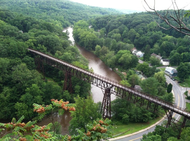 The Rosendale Trestle on the Wallkill Valley Rail Trail as seen from atop Joppenburgh Mountain in Rosendale. When built is was the highest bridge in the United States. The Joppenburgh Mountain trail is accessible from the parking lot behind Main Street in Rosendale. Very steep for biking.