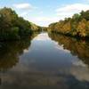 At mile 10.5 is the trail bridge at Springtown Road. It offers peaceful views of the often swiftly-moving Wallkill River as it flows north. You can see the shadow of the bridge on the water below in this photo.