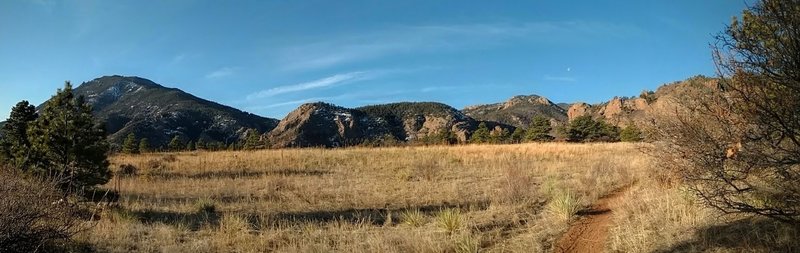 Panorama of Cheyenne Mountain and the trail leading west.
