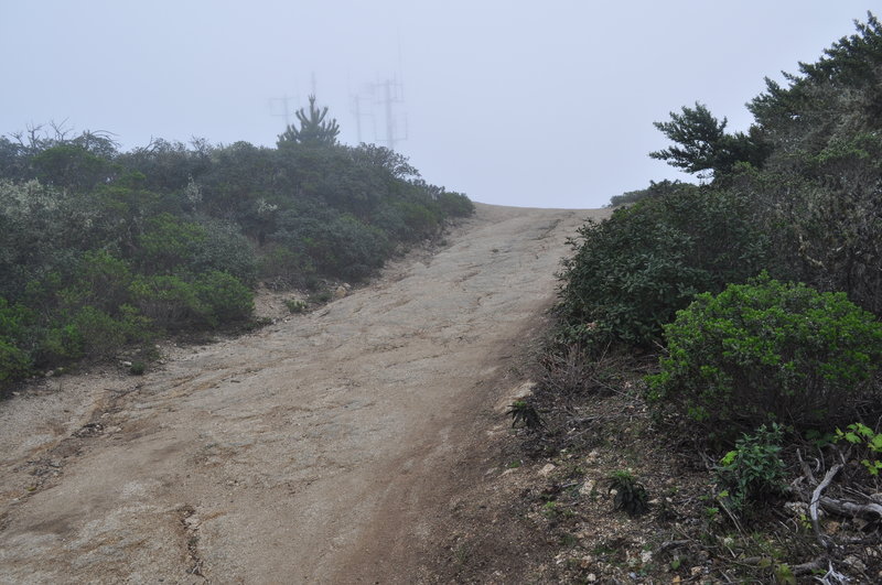 Montara Mountain summit communications towers shrouded in fog.