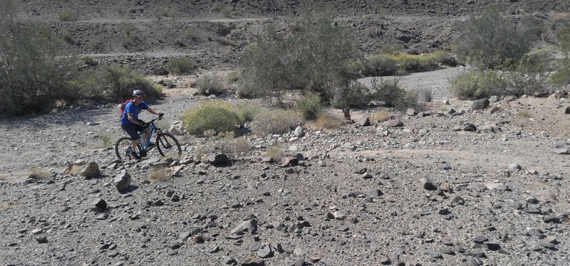 The trail makes a Z here, crossing the wash by reversing direction then reversing again on the opposite side. Many confusing meandering trails here.