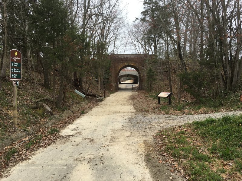 (Looking south) After screaming out of the parking lot down the CCT toward the Laurel Hill complex, you'll pass under Barrel Bridge -- the gateway to LH. If you look around the area while riding, you'll get occasional glimpses of structures from yesteryear.