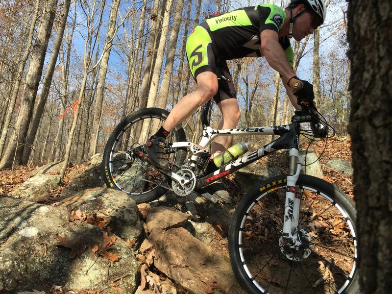 Tricky rock section on EMT segment, part of Big Ridge Trail.