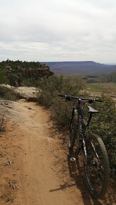Facing south-southwest on the edge of a cliff. If you have vertigo or could be afraid of heights try a different route on this trail as this area skirts the edge. This part alternates from dirt, to gravel, to slick rock trail.