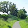 The trail is gravel at this point as it hugs the hill. The golf course is off on the left.