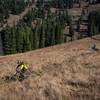 Mitch, manager of Habitat Bike Shop in Driggs, ID and Geordi, owner of Grand Targhee Resort in Alta, WY traverse Action Jackson on their way out to Colter's Escape and Mill Creek.