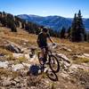 Dana and Clark Dog on the Ain't Life Grand (aka Peaked Loop) trail on Peaked Mountains at Grand Targhee Resort in Alta, WY.
<br>
Photo: Geordi Gillett