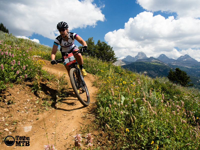 Pro racer Amanda Carey at the top of 38 Special during the 2014 Pierre's Hole 50/100 Mile Race at Grand Targhee Resort in Alta, WY.
<br>
Photo: Dana Ramos - Instagram: @dnasince1979