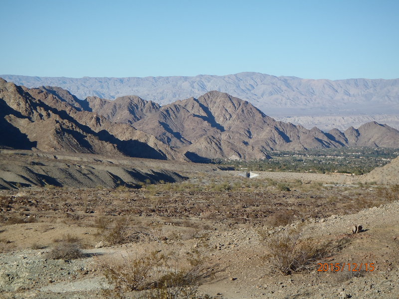 The Bear Creek flood control berm, La Quinta Cove and Joshua Tree NP from the Bear Creek/Boo Hof middle loop.