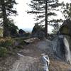 Kingsbury Loop. Looking back on a fun short technical section through the boulders. South Tahoe in the distance.