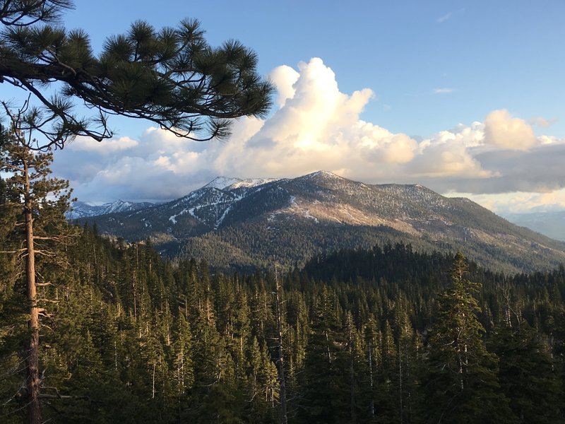 View of Heavenly Ski area to the south with lingering snow patches on the north aspects (taken late May) .