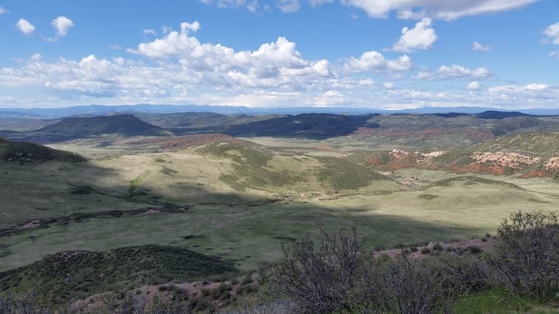 Looking southwest from Cheyenne Rim trail with the mountains in northern Rocky Mountain National Park in the background.