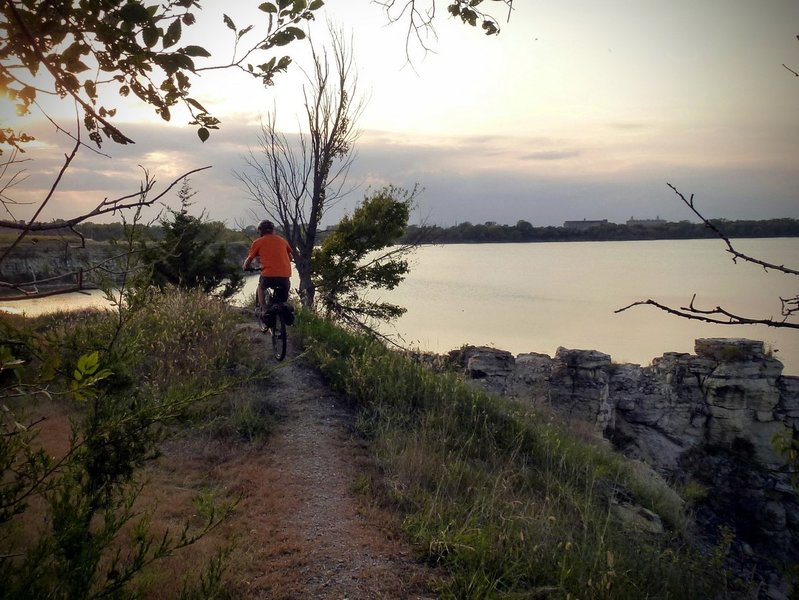 Riding a ridge on the bluffs over Lake Lehigh at Lehigh Portland Trails.