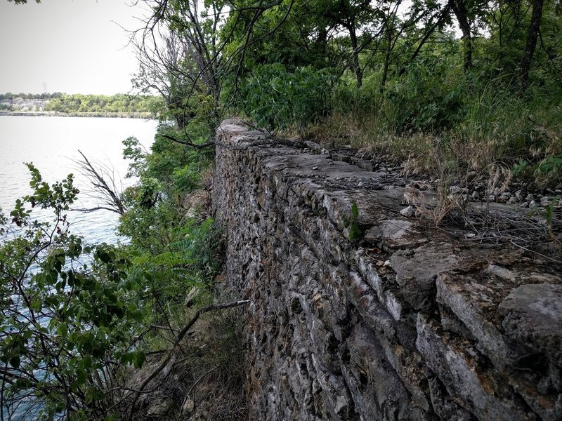 Rock wall over Lake Lehigh along the Lakeside West Trail at Lehigh Portland Trails.