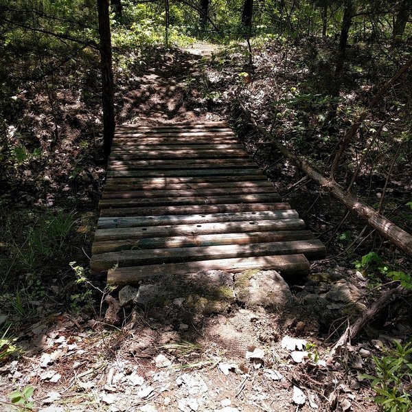 A short rustic bridge on the Lakeside West Trail at Lehigh Portland Trails.