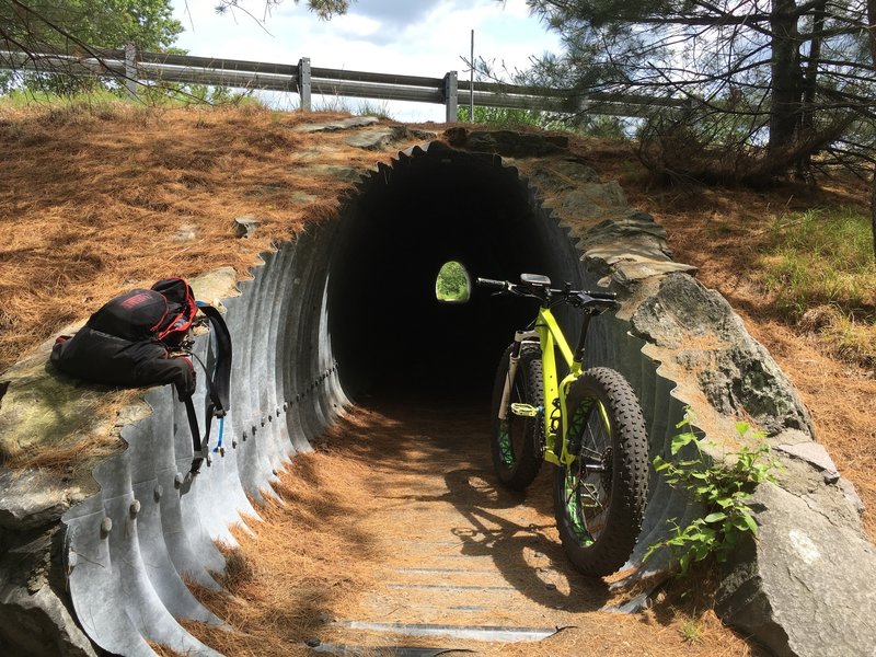 Milford rail trail tunnel under the Rt. 101 bypass.